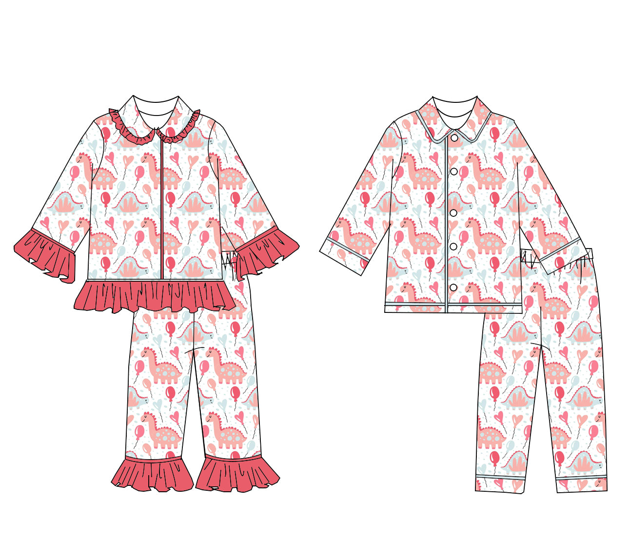 Kids Valentine's Day Dinosaur Long Sleeved Pajamas