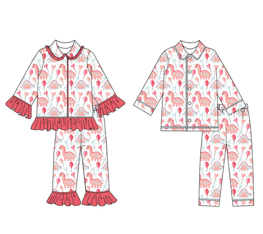 Kids Valentine's Day Dinosaur Long Sleeved Pajamas