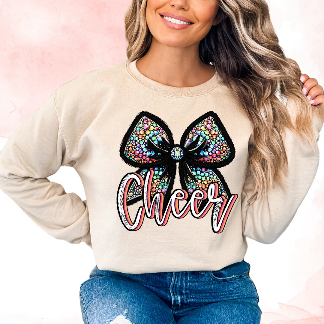 DTF Faux Sequins Cheer Bow Faux Embroidery T-Shirt