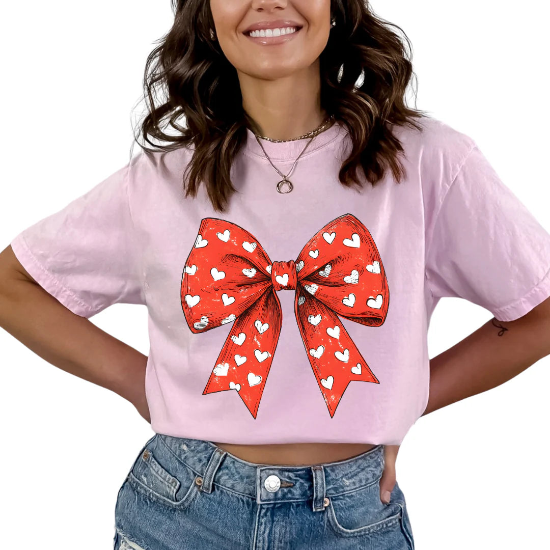 DTF Red Coquette Bow with White Hearts T-Shirt