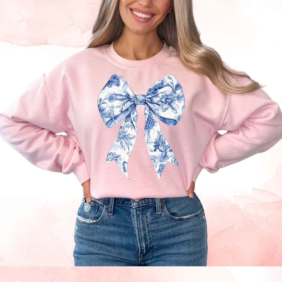 DTF Blue Floral Coquette Bow T-Shirt