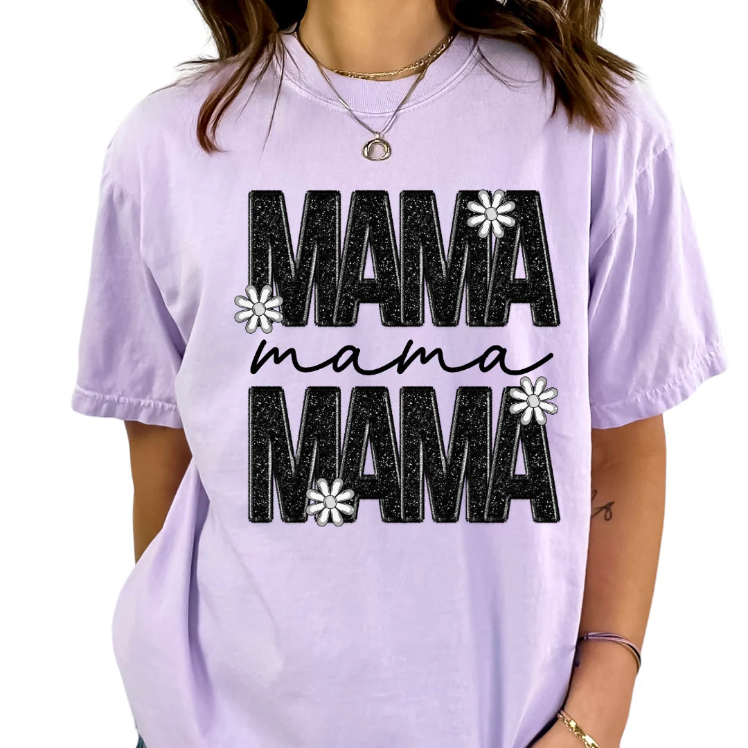 DTF Faux Sequins Mama Faux Embroidery T-Shirt