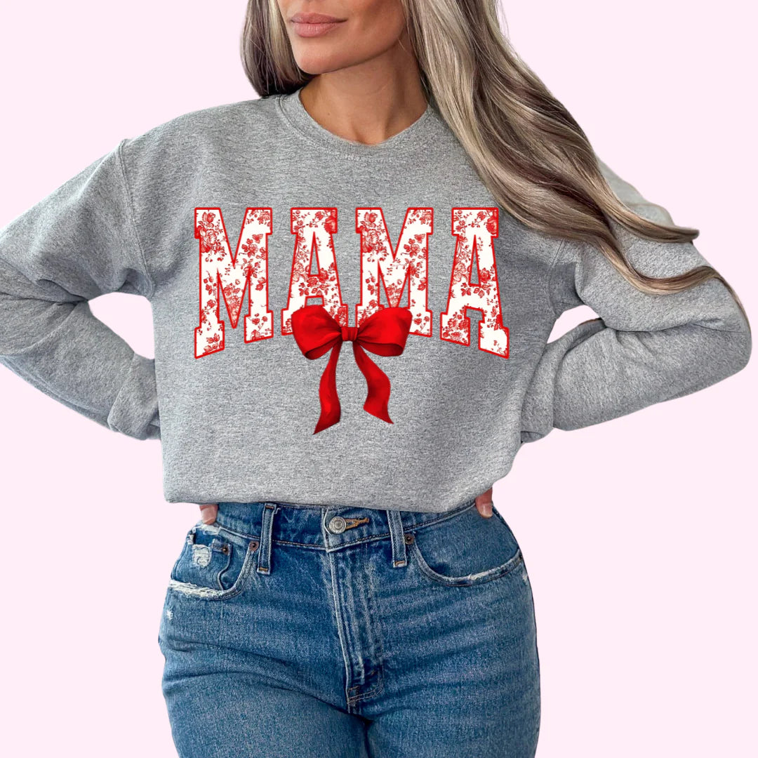 DTF Varsity Red Floral Mama Coquette Bow T-Shirt