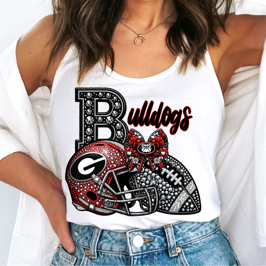 DTF Bulldogs Faux Sequins Faux Embroidery Football School Mascot T-Shirt